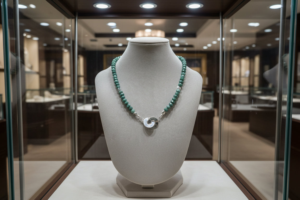 Necklace with green jade beads and a silver pendant on a light gray neck in a display case.