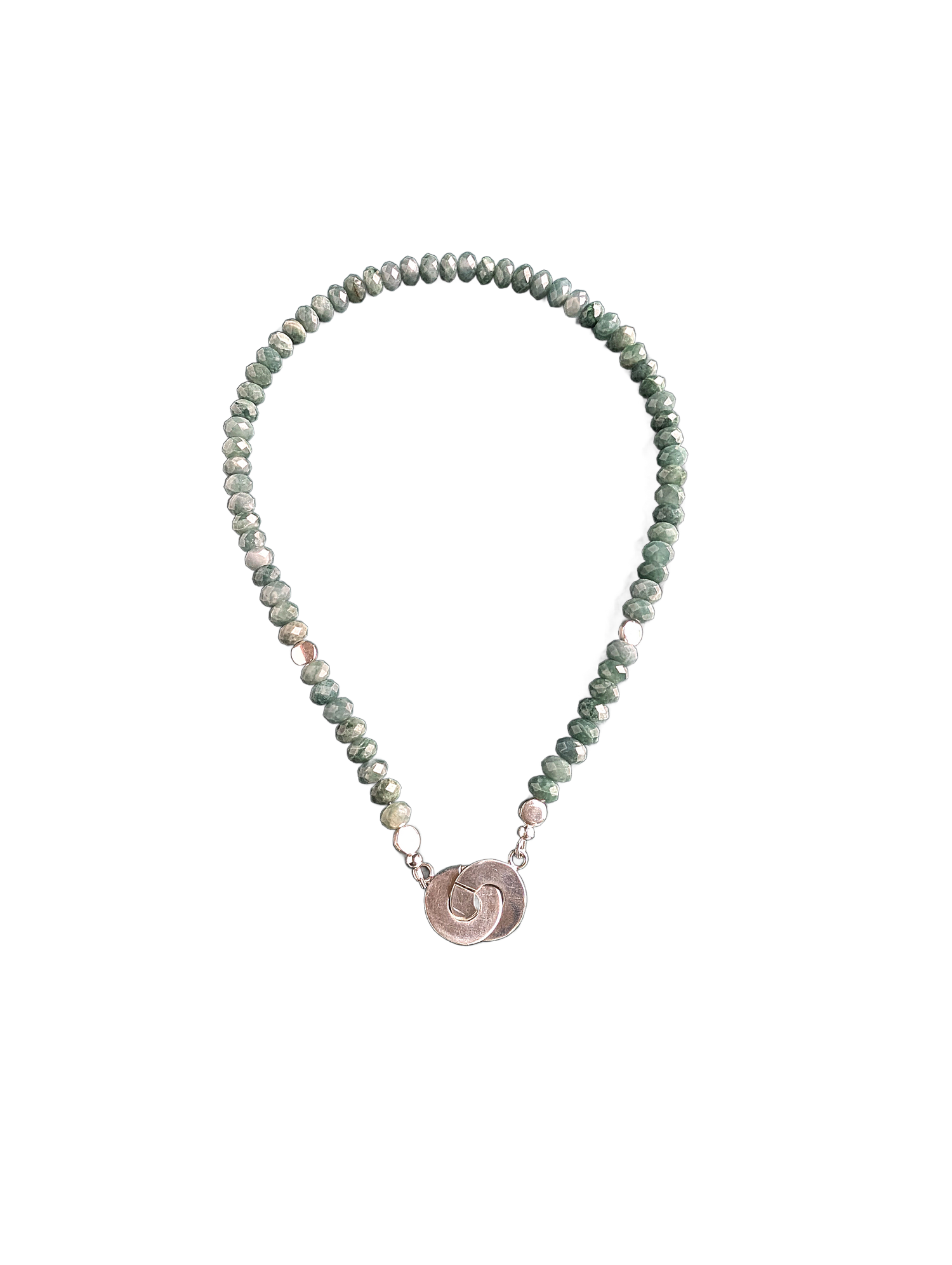 Necklace with beaded chain and circular pendant on a white background