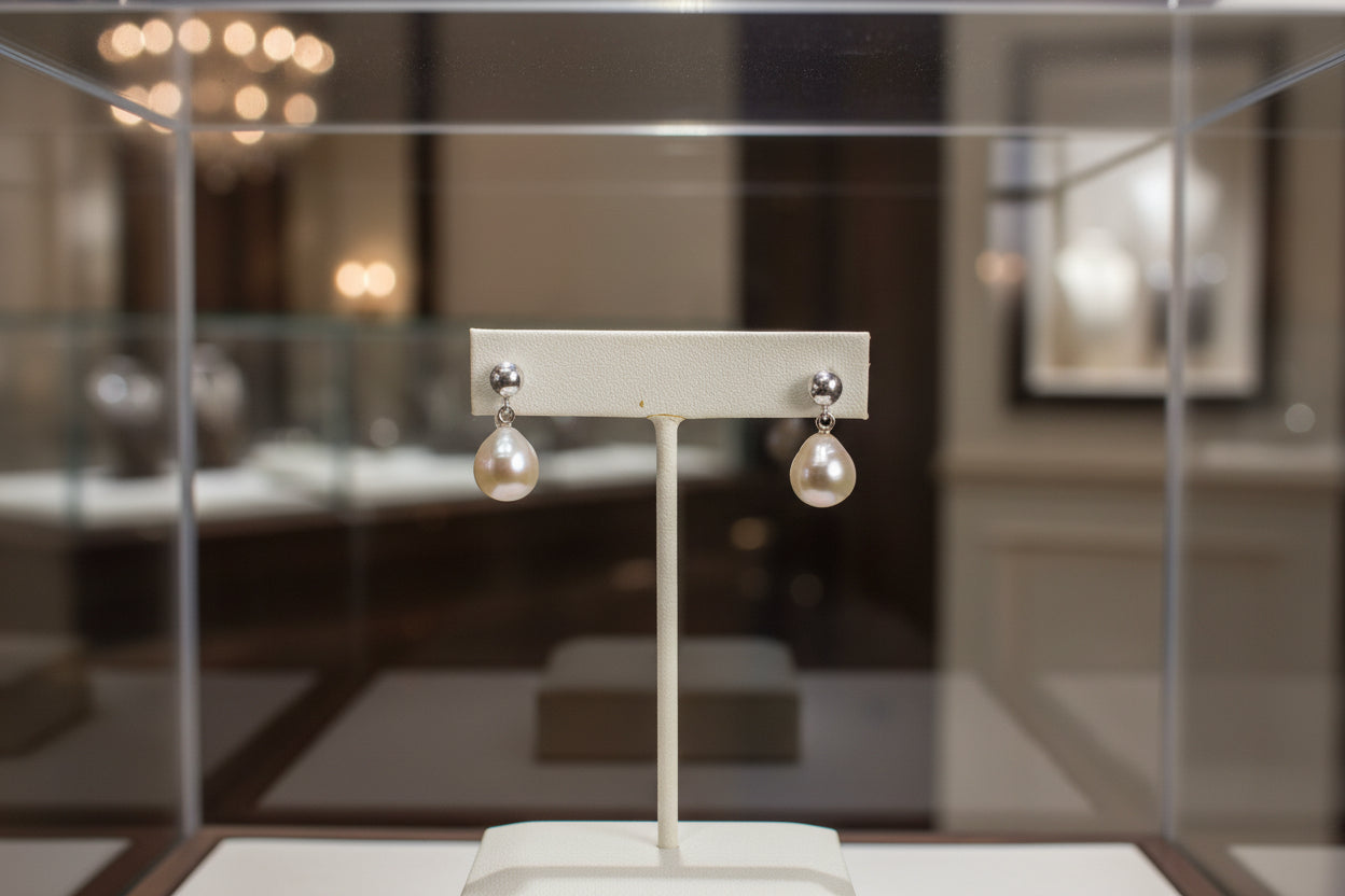 Pearl earrings on a beige earring stand against a dark background