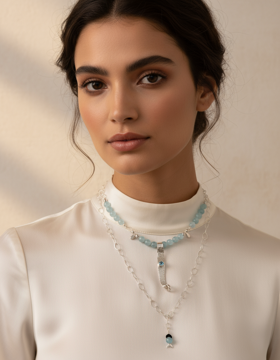 Discover the beauty of the "Pisces" Aquamarine Necklace. Hand-crafted with hand-hammered sterling silver, this necklace features a stunning bezel-set faceted aquamarine, silver tear drop beads, and round aquamarine beads. The double strand of aquamarine and sterling silver measures 17" and 22", finished with sterling silver toggle clasp and the artist&