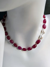 Load image into Gallery viewer, Ruby and Baroque Pearl Necklace on mannequin neck.