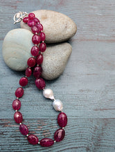 Load image into Gallery viewer, Ruby and Baroque Pearl Necklace - &quot;Romancing the Ruby&quot; necklace. This exquisite piece features cabochon smooth rubies, lustrous Baroque pearls, sterling silver beads, a charming toggle clasp, and a signature tag by the artist. With a length of 18 inches.