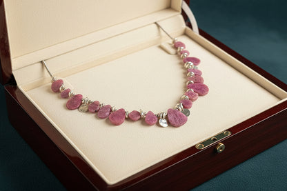 Ruby and silver necklace displayed in a dark wood jewelry case.