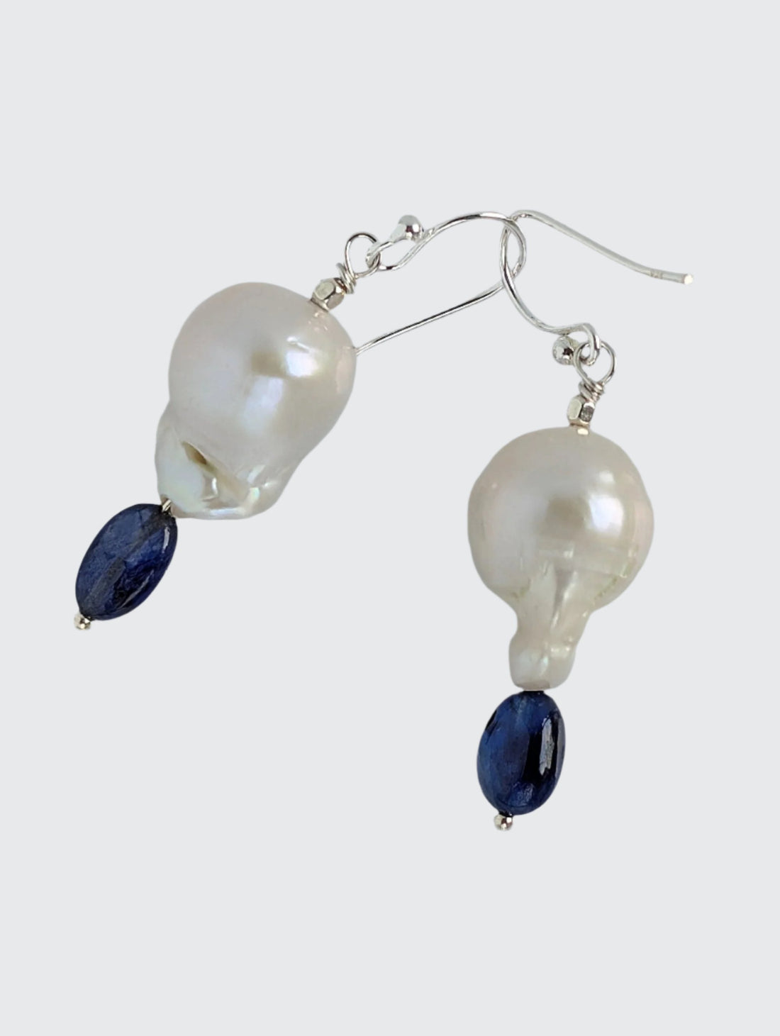 Baroque Pearl and sapphire earrings with 1.5" dangle length with sterling silver French hook earring wire.