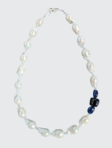 Baroque Pearl, moonstone, and sapphire necklace with sterling silver heart claw clasp.