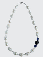 Load image into Gallery viewer, Baroque Pearl, moonstone, and Sapphire necklace with a sterling silver heart clasp.