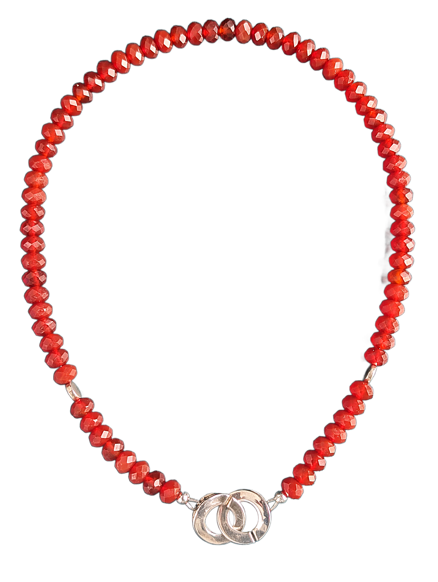 Necklace with red beads and silver clasp on a white background