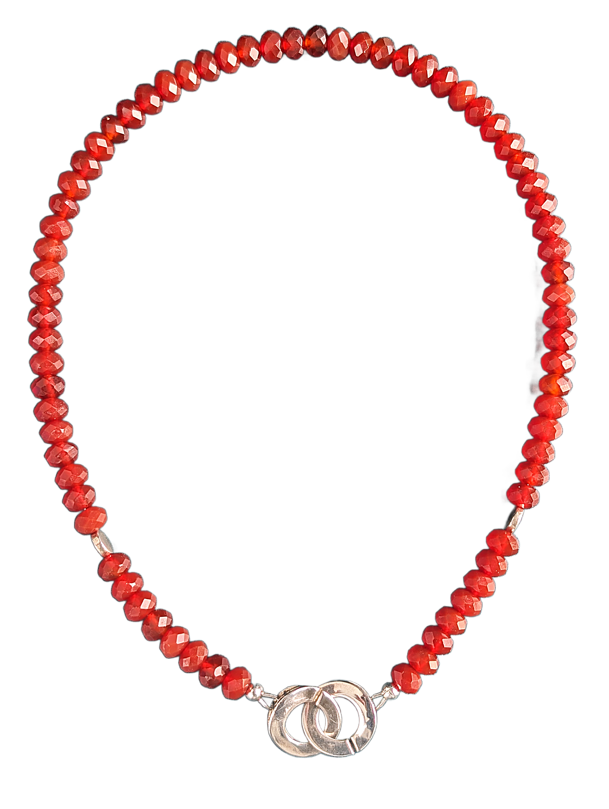 Necklace with red beads and silver clasp on a white background