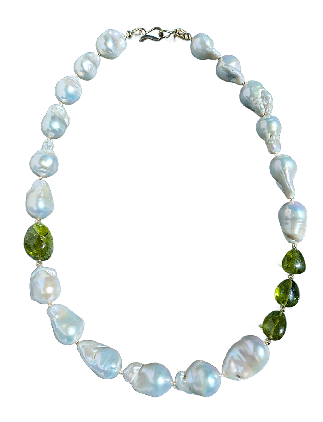 Necklace with white and green pearls on a white background