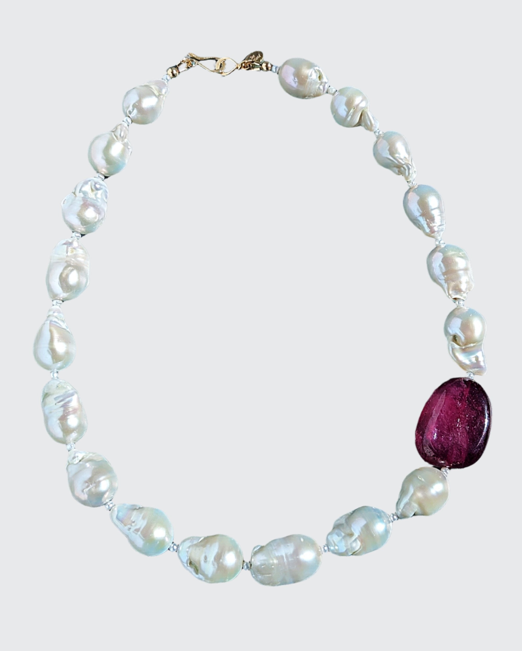 White Baroque Pearl and Ruby Necklace with 14 Karat Gold hook and eye clasp.