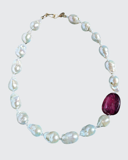 White Baroque Pearl and Ruby Necklace with 14 Karat Gold hook and eye clasp.