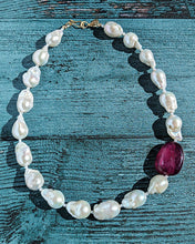 Load image into Gallery viewer, White Baroque Pearl and Ruby Necklace with 14 Karat Gold hook and eye clasp.