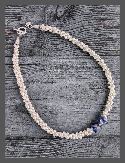 &quot;Something Blue&quot; Lapis Lazuli, Swarovski Crystal and Pearl Kumihimo Necklace