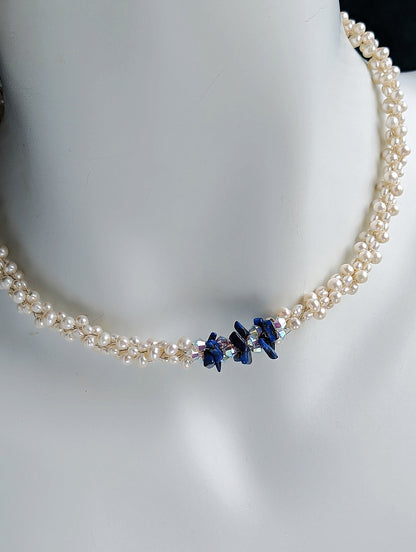 &quot;Something Blue&quot; Lapis Lazuli, Swarovski Crystal and Pearl Kumihimo Necklace