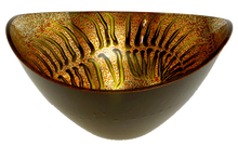 Load image into Gallery viewer, large cresent glass art bowl with fern design painted and gold gilded with black enamel on outside