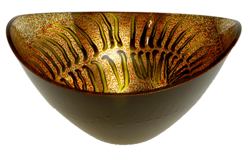 large cresent glass art bowl with fern design painted and gold gilded with black enamel on outside