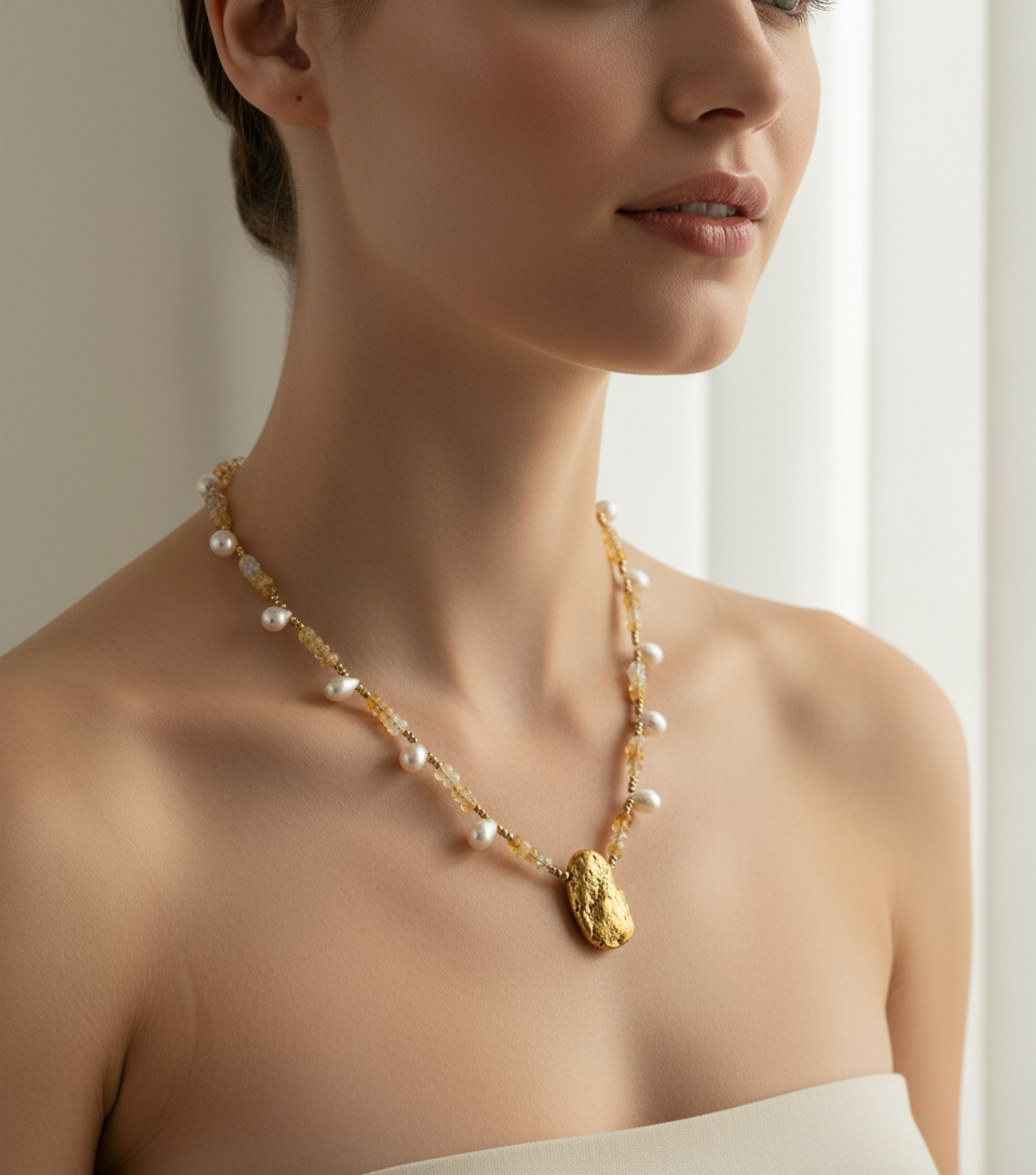 gold over lava stone pendant, teardrop pearls, fire opals necklace on a model.
