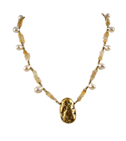gold over lava stone pendant, teardrop pearls, fire opals necklace