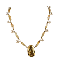 Load image into Gallery viewer, gold over lava stone pendant, teardrop pearls, fire opals necklace