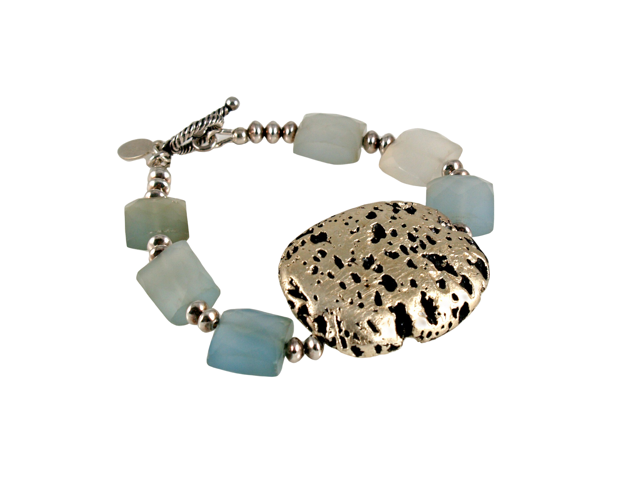 white gold and blue chalcedony bracelet with silver toggle clasp
