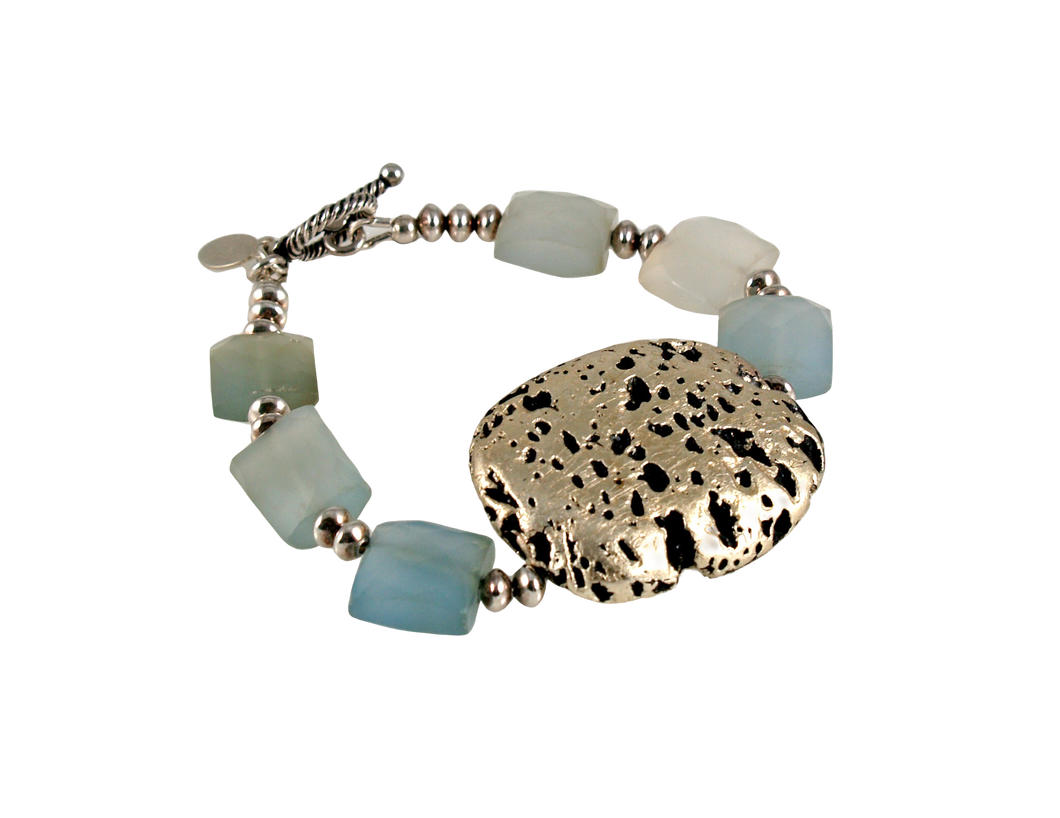 white gold and blue chalcedony bracelet with silver toggle clasp