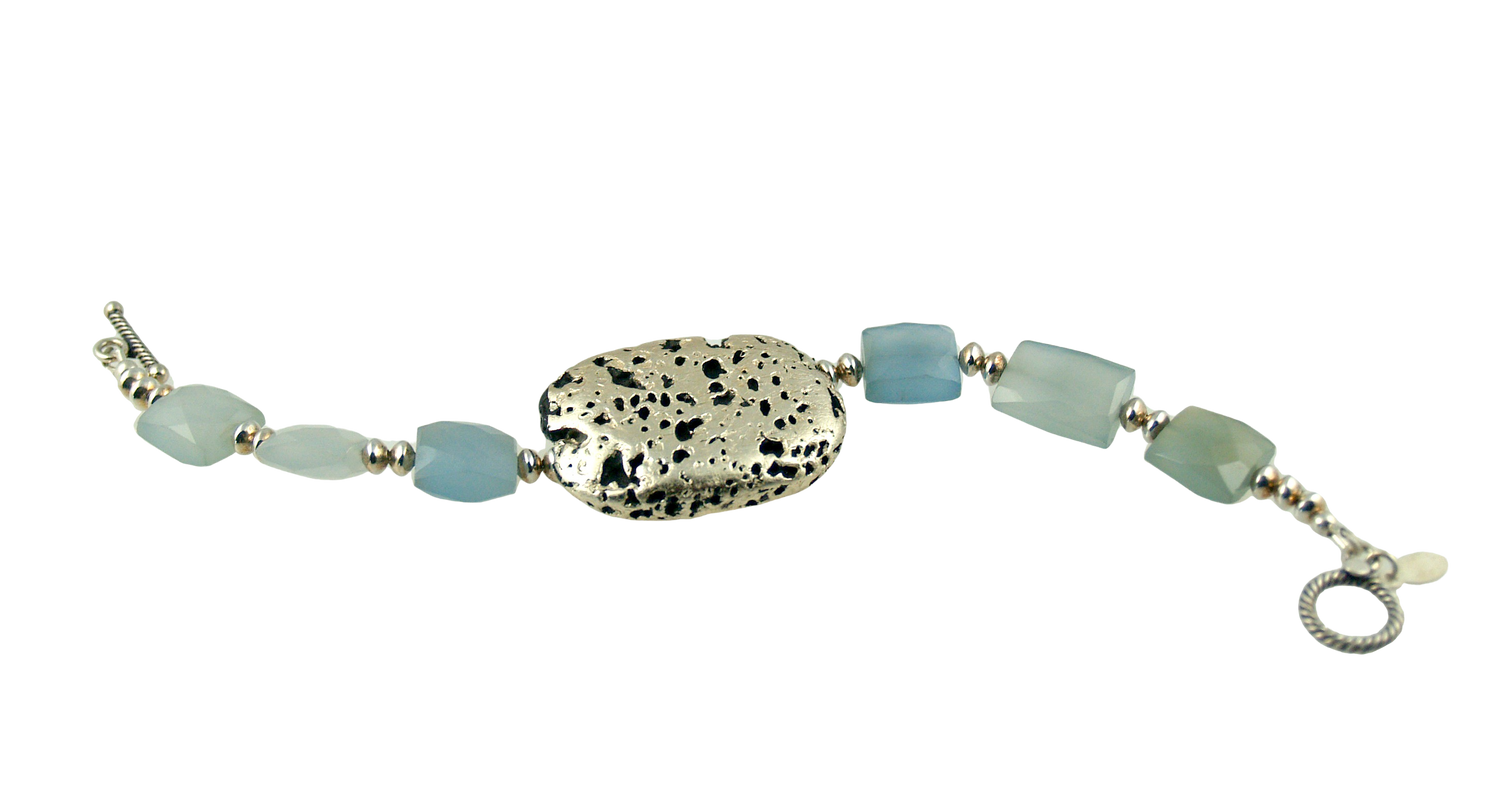 Baby Blue Glow Bracelet in Chalcedony and White Gold Gilded Leaf On Lava Stone