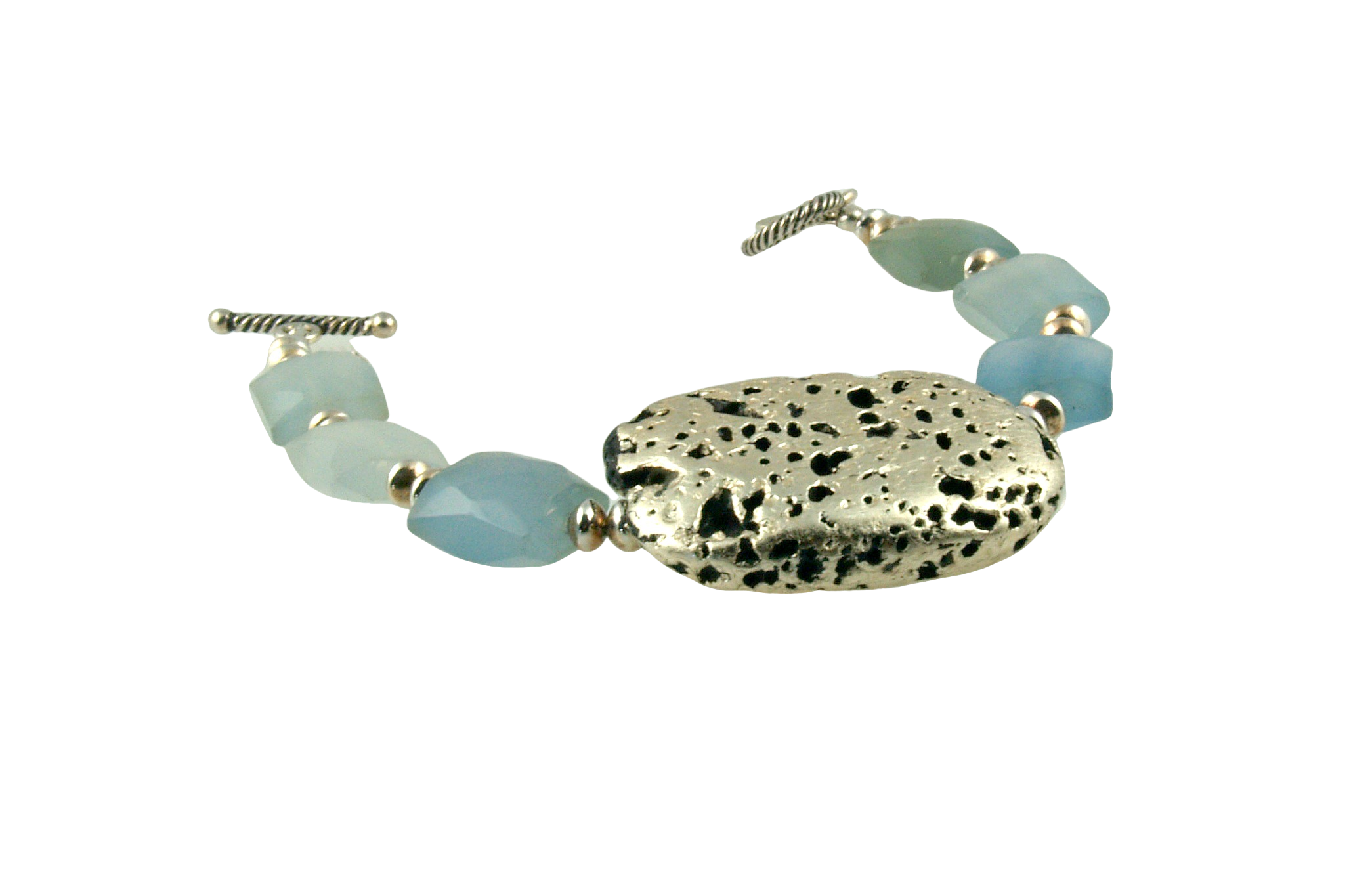 Baby Blue Glow Bracelet in Chalcedony and White Gold Gilded Leaf On Lava Stone