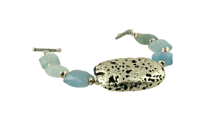 Baby Blue Glow Bracelet in Chalcedony and White Gold Gilded Leaf On Lava Stone
