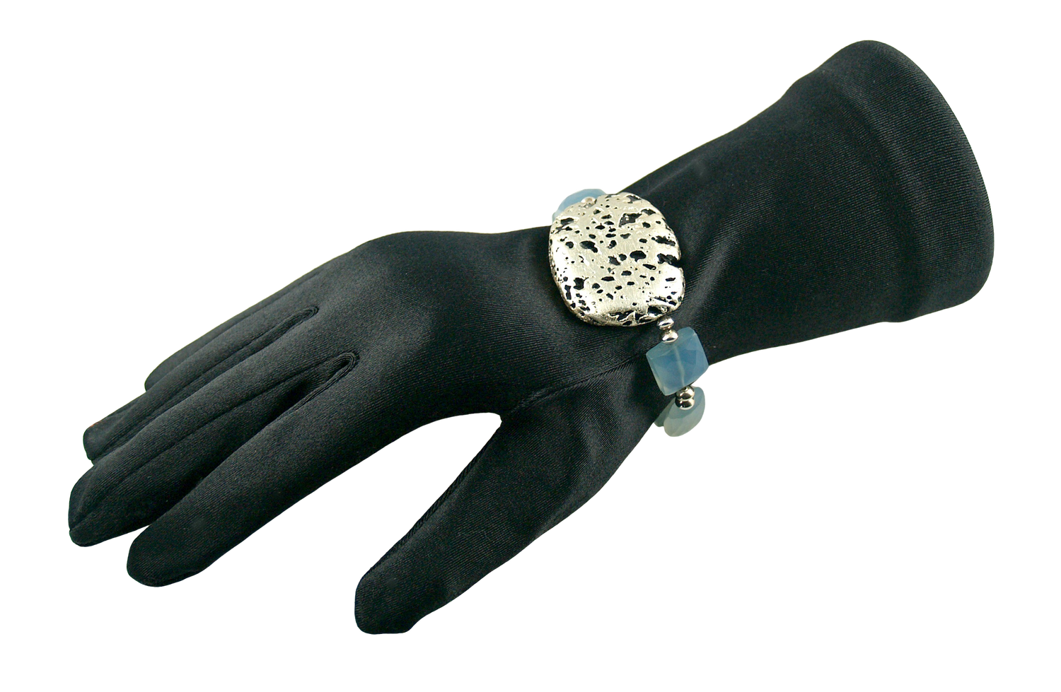 Baby Blue Glow Bracelet in Chalcedony and White Gold Gilded Leaf On Lava Stone