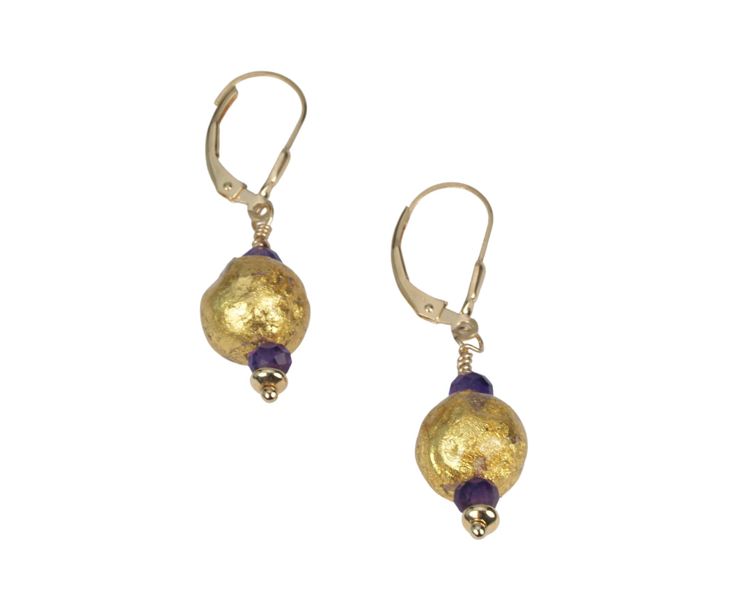 amethyst and gold lever back dangle earrings