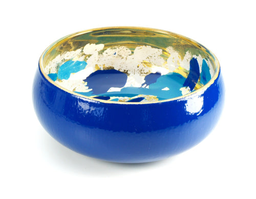 Blue and gold gilded glass art bowl with aqua color in the design
