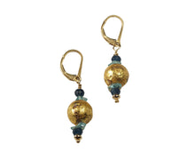 Load image into Gallery viewer, 4mm faceted dark blue onyx, aqua apatite, and 23 karat gold gilded round lava stone with 14-karat gf leverback earrings