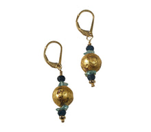 Load image into Gallery viewer, 4mm faceted dark blue onyx, aqua apatite, and 23 karat gold gilded round lava stone with 14-karat gf leverback earrings
