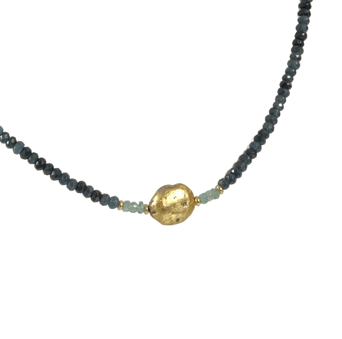 4mm sparkly faceted dark blue onyx, faceted aqua apatite, and 23 karat gold gilded lava stone Necklace