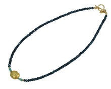 Load image into Gallery viewer, 4mm sparkly faceted dark blue onyx, faceted aqua apatite, and gold gilded lava stone Necklace 