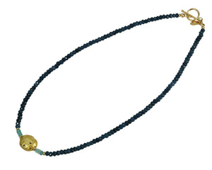 4mm sparkly faceted dark blue onyx, faceted aqua apatite, and gold gilded lava stone Necklace 