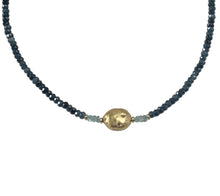 Load image into Gallery viewer, 4mm sparkly faceted dark blue onyx, faceted aqua apatite, and gold gilded lava stone Necklace