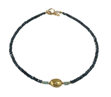 Load image into Gallery viewer, 4mm faceted dark blue onyx, faceted aqua apatite, and gold gilded lava stone Necklace shown in full in photo
