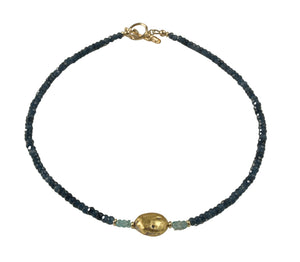 4mm faceted dark blue onyx, faceted aqua apatite, and gold gilded lava stone Necklace shown in full in photo