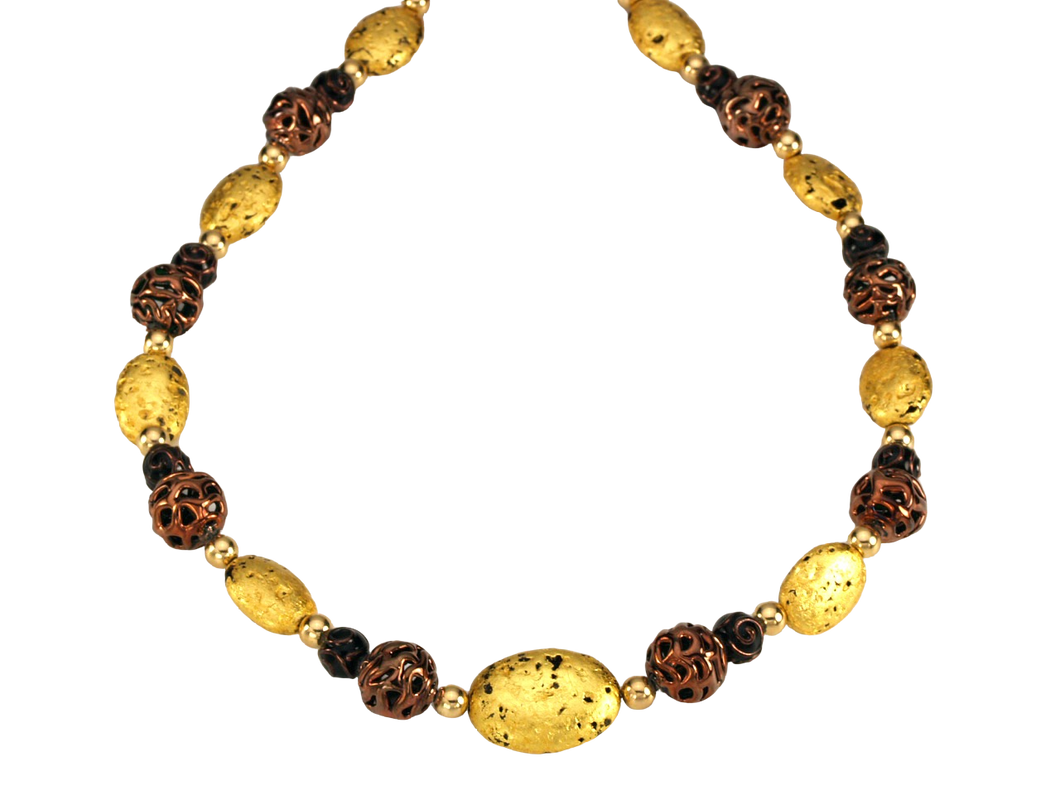 Hand made necklace with 23 karat gold gilded lava stones, lamp work bronze Czech glass, and 14 karat gold filled small round beads.