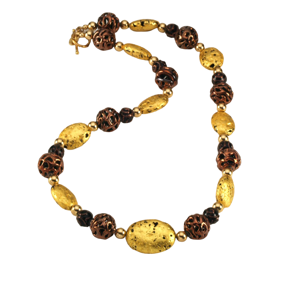 Hand made necklace with 23 karat gold gilded lava stones, lamp work bronze Czech glass, and 14 karat gold filled small round beads. The necklace is finished with 14 karat gold filled toggle clasp.