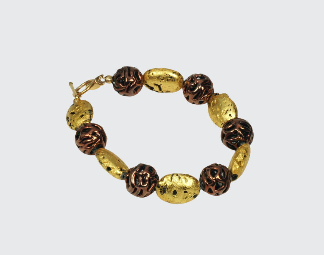 lamp work Czech glass and gold gilded lava bracelet