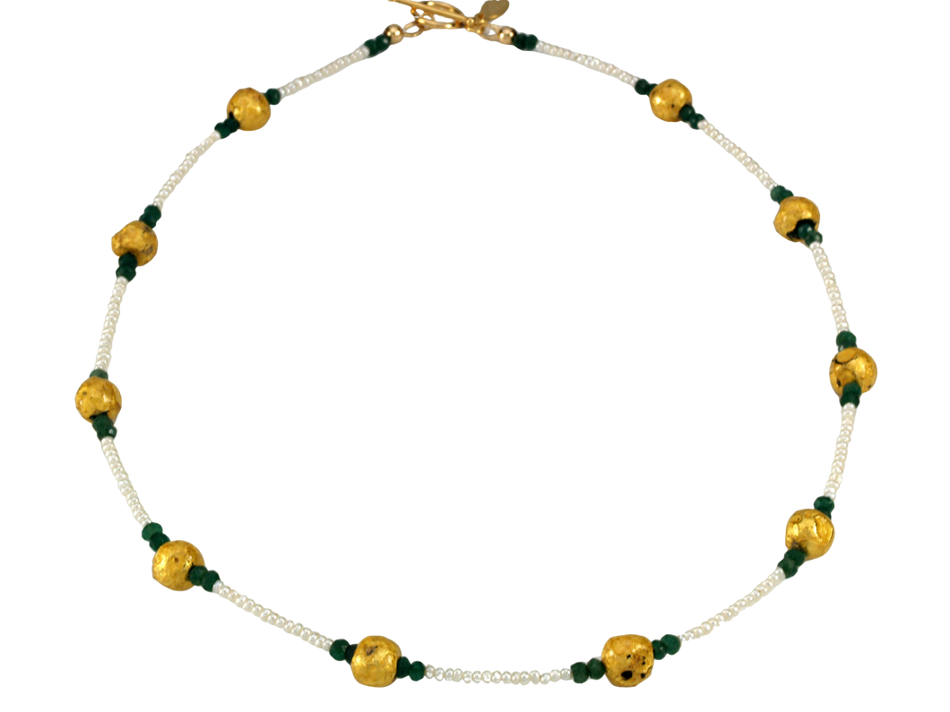 Emerald Kisses - Emerald, Gold, and Pearl Necklace