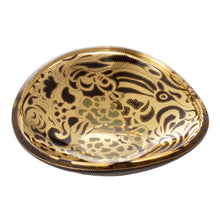 Load image into Gallery viewer, centerpiece glass art gold, black, green floral design bowl