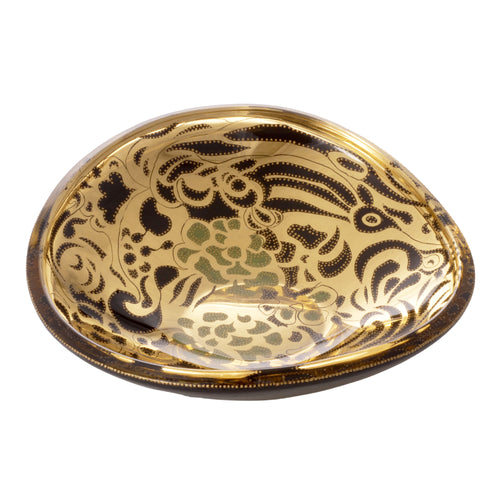 centerpiece glass art gold, black, green floral design bowl