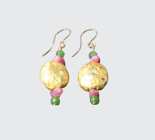 First Spring - Pink Tourmaline, Jade and Gold Earrings