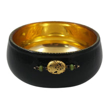 Load image into Gallery viewer, decor gold gilded and black painted glass bowl with gilded lava stone and jade on the front of bowl
