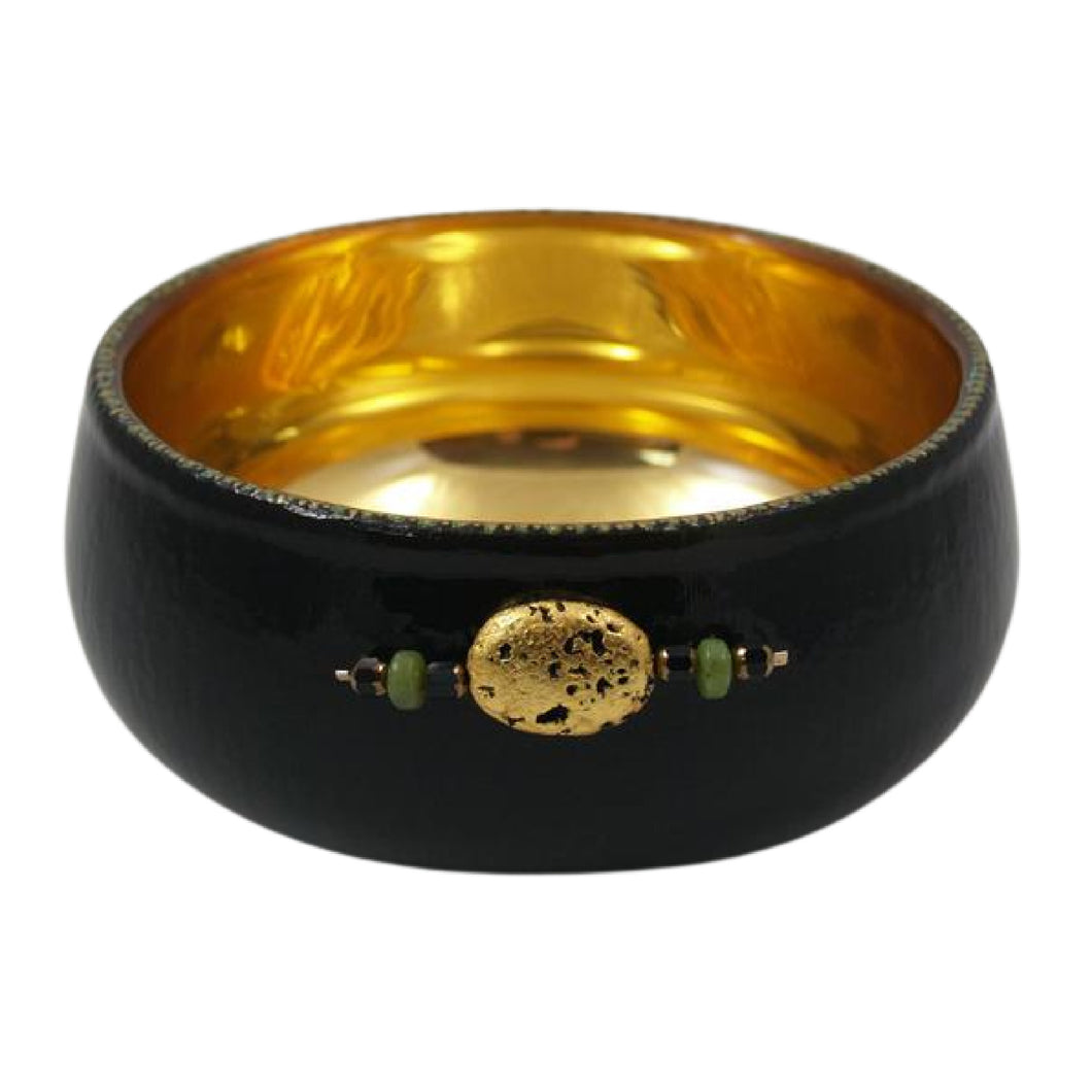 decor gold gilded and black painted glass bowl with gilded lava stone and jade on the front of bowl