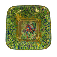 Load image into Gallery viewer, tropical bird and gold gilded and hand painted square glass art bowl