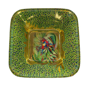 tropical bird and gold gilded and hand painted square glass art bowl